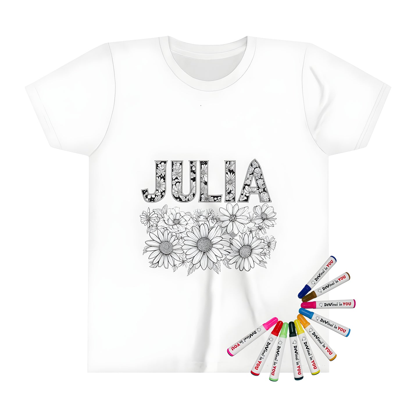 Coloring page design on kid's t-shirt with name JULIA and floral patterns, black and white line art image, fabric markers included