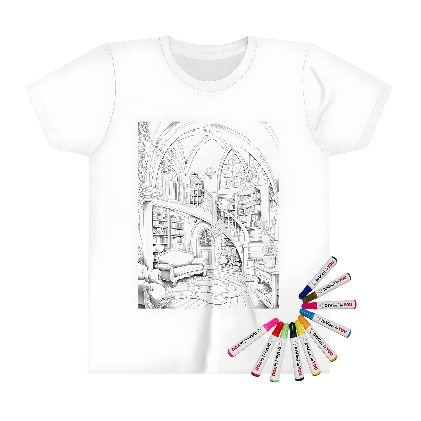 Cozy Library-themed Kid's T-shirt for kids, featuring a detailed black and white illustration of a grand staircase, bookshelves, sofas, and decorative plants. Great gift idea for students who love reading and learning.