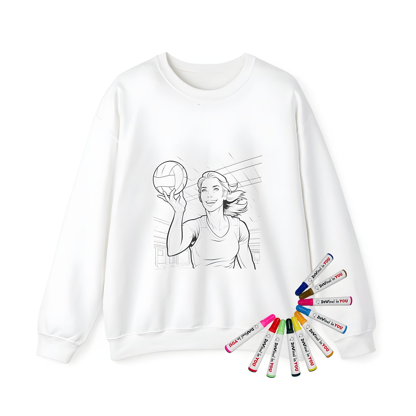 Adult sweatshirt with a vibrant volleyball court design featuring a smiling woman playing a game with enthusiasm
