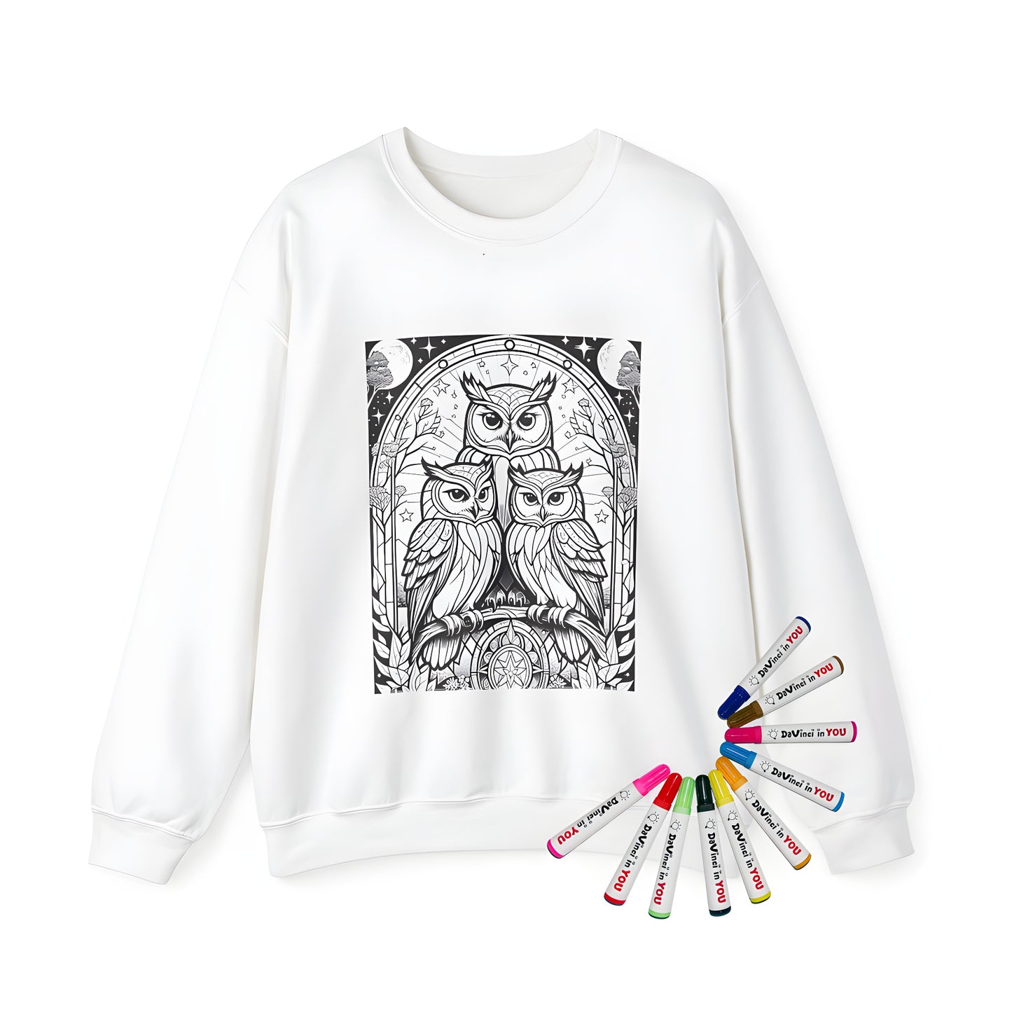 Adult sweatshirt featuring a whimsical owl design, perched among stylized trees and stars, perfect for adults who love nighttime scenes and nature illustrations