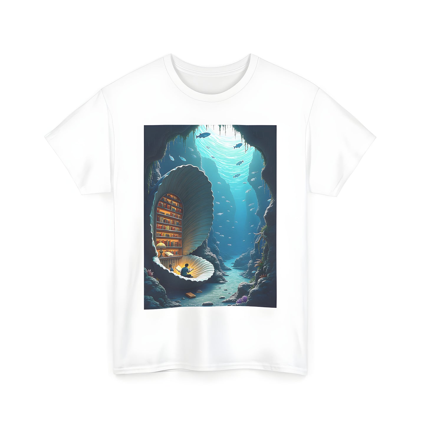 Colorful graphic design Unisex T-shirt featuring a whimsical underwater setting with a giant shell housing a cozy library and marine life