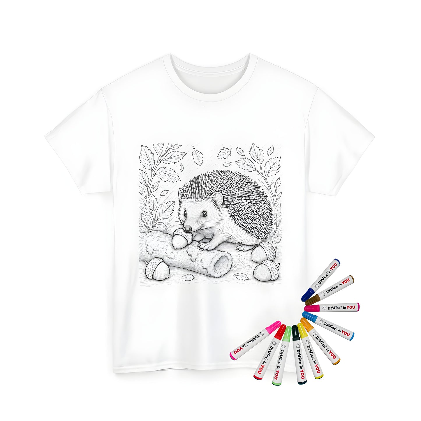 Unisex T-shirt featuring a detailed illustration of a hedgehog with an acorn in a forest setting. The perfect combination of art and fashion for kids and adults alike.