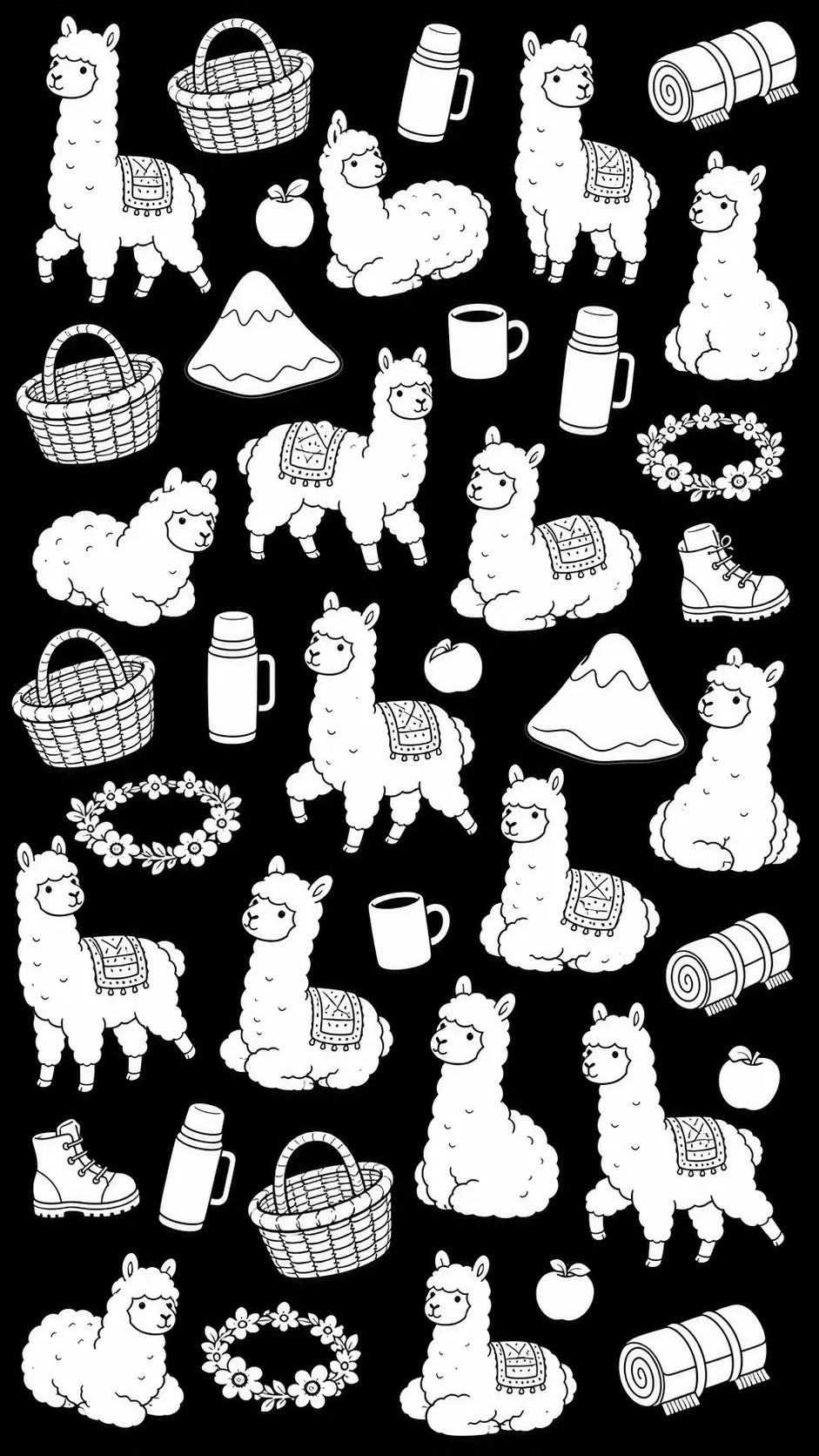 A black-and-white alpaca coloring page with picnic baskets, thermoses, mugs, apples, flowers, and boots in a repeating pattern.