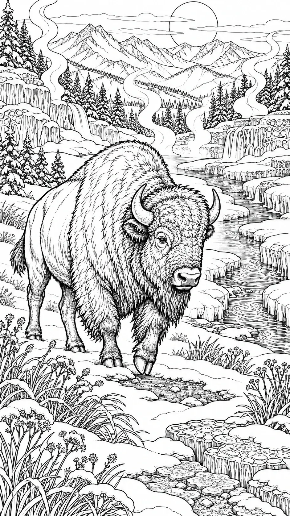 A detailed black-and-white coloring page shows a shaggy bison standing beside steaming pools, with waterfalls, pine trees, and mountains behind it.