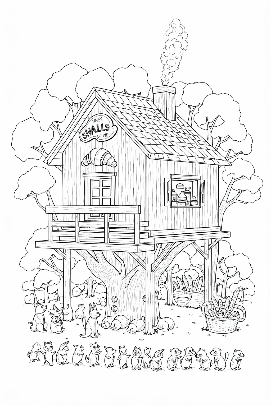 Detailed coloring page of an animal treehouse with many cute woodland animals gathered around the base, a wooden house in the trees, baskets of bread, and a playful forest scene for kids' coloring