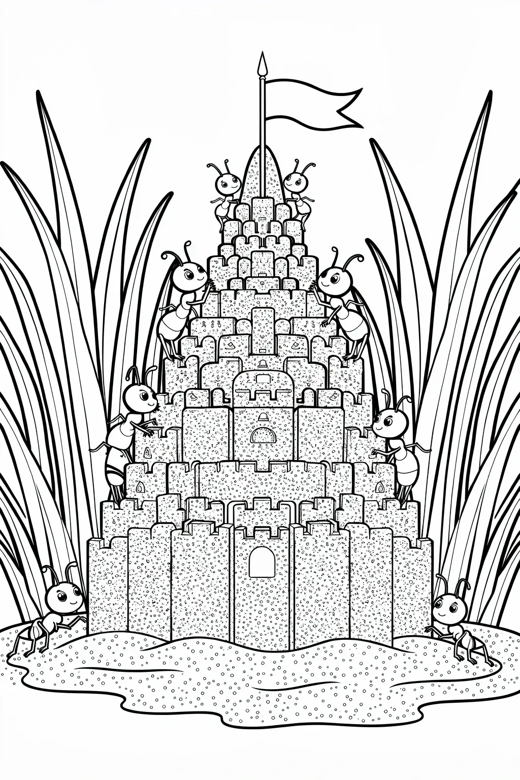 Black and white ant castle scene with several ants climbing a sandcastle-like tower, designed as a printable coloring page for kids.