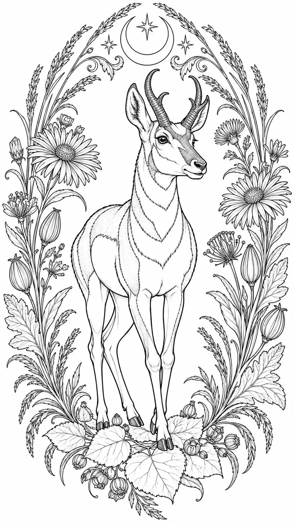 A detailed antelope coloring page shows a horned animal standing among flowers and leafy stems beneath a crescent moon and stars.
