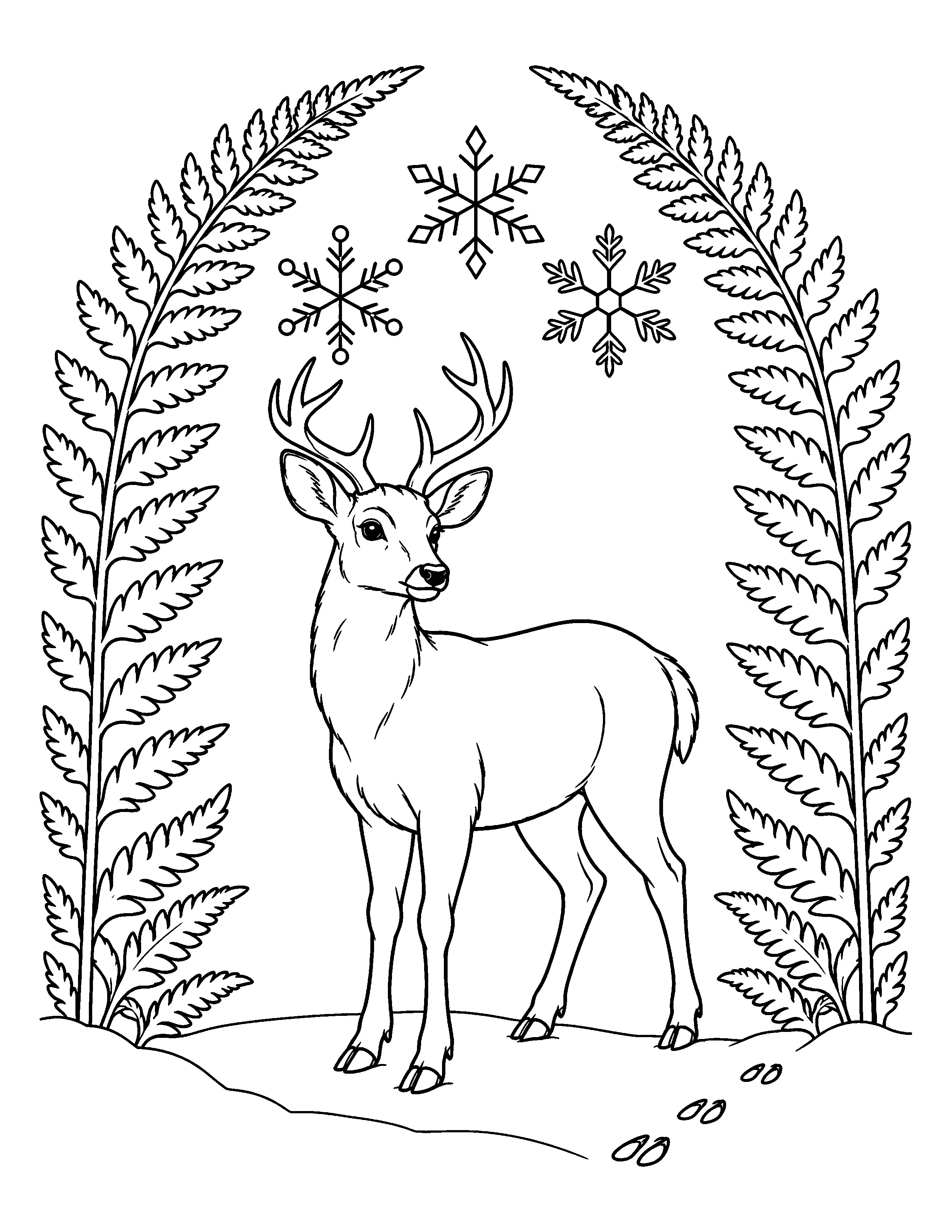 A black-and-white coloring page shows one antlered deer standing beneath three snowflakes, framed by leafy branches above snowy ground and footprints.