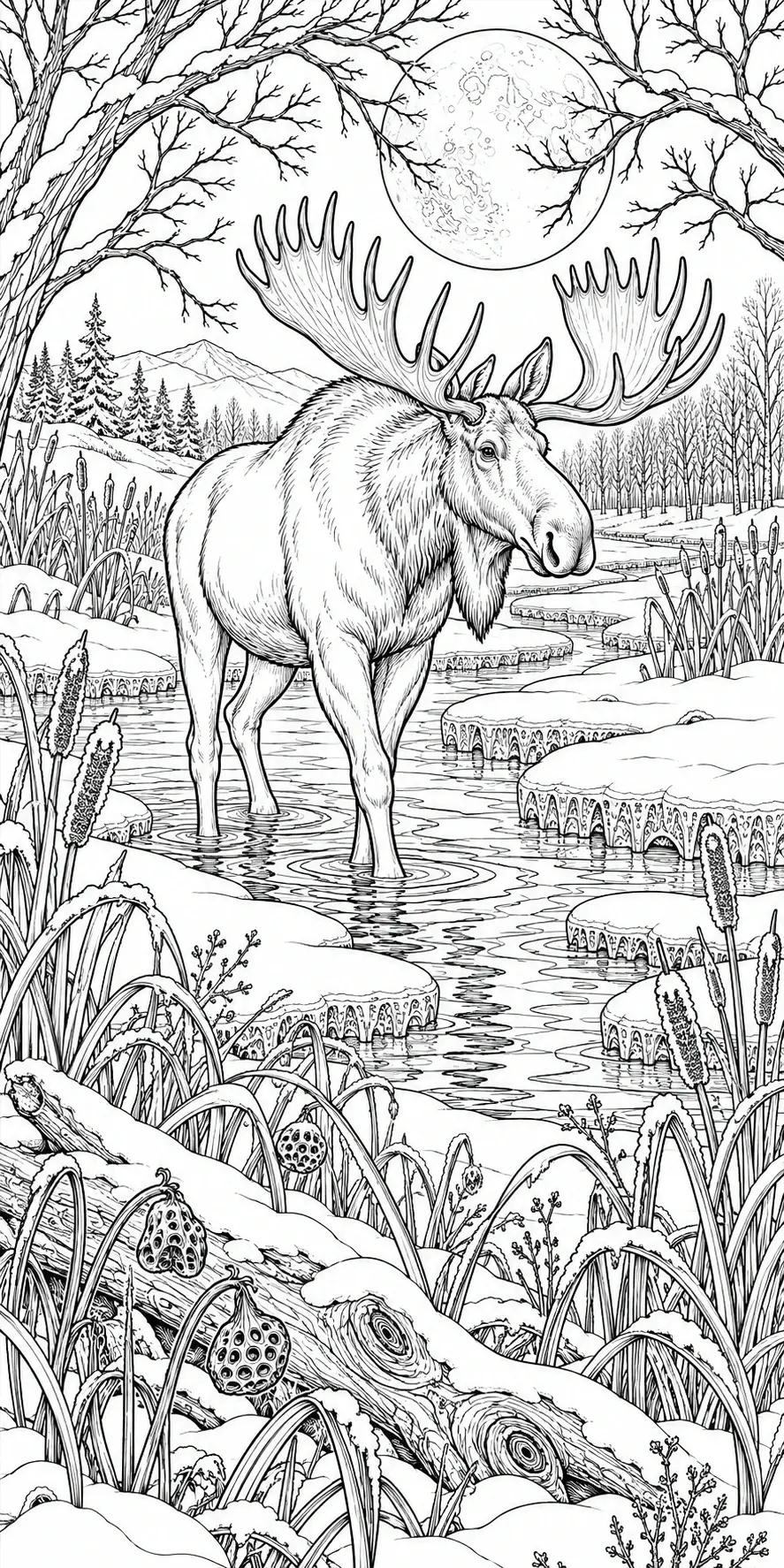 A large antlered moose stands in a snowy marsh beneath a full moon, surrounded by bare trees, reeds, and a fallen log in this coloring page.