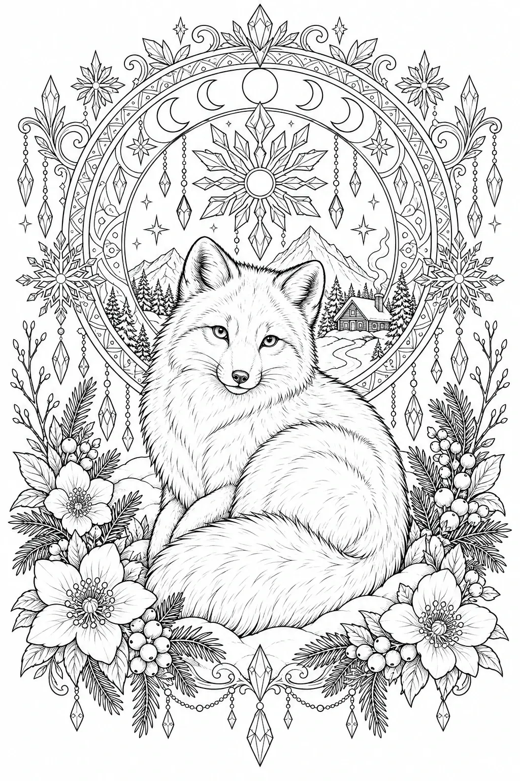 A black-and-white coloring page of an arctic fox sitting in a decorative mandala frame with mountains, flowers, and hanging crystals.