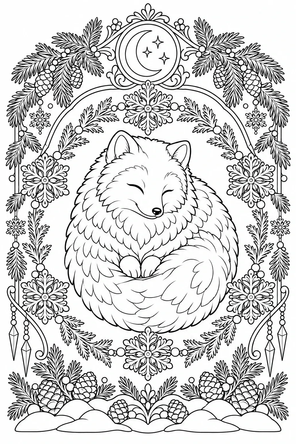A black-and-white coloring page of an arctic fox curled up inside a winter wreath with snowflakes, pine branches, and pine cones.