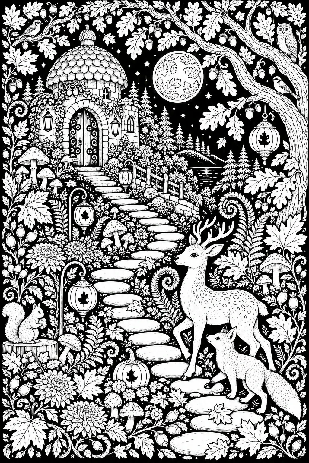 A black-and-white coloring page showing an autumn woodland cottage with a deer, fox, squirrel, owl, lanterns, and a moonlit path.