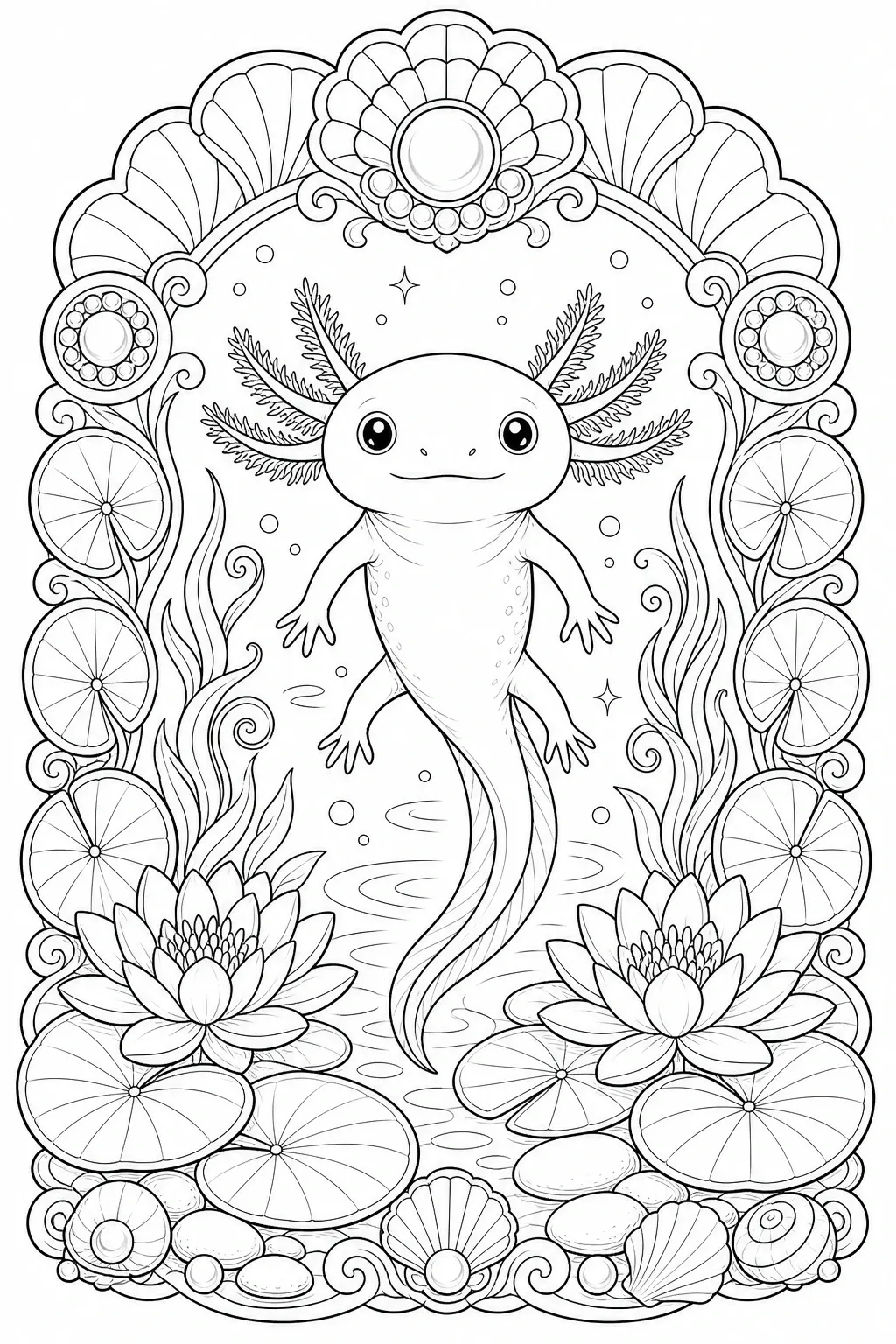 A cute axolotl coloring page with shells, lotus flowers, and an ornate decorative frame.