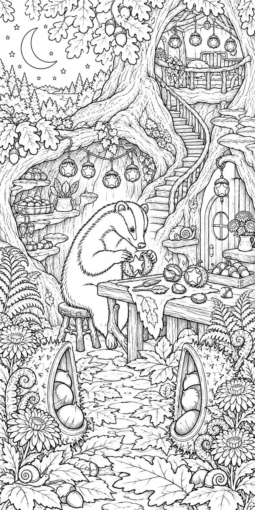 A detailed coloring page shows a badger handling a star ornament at a table inside a leafy tree home, with acorns, stairs, and woodland plants.