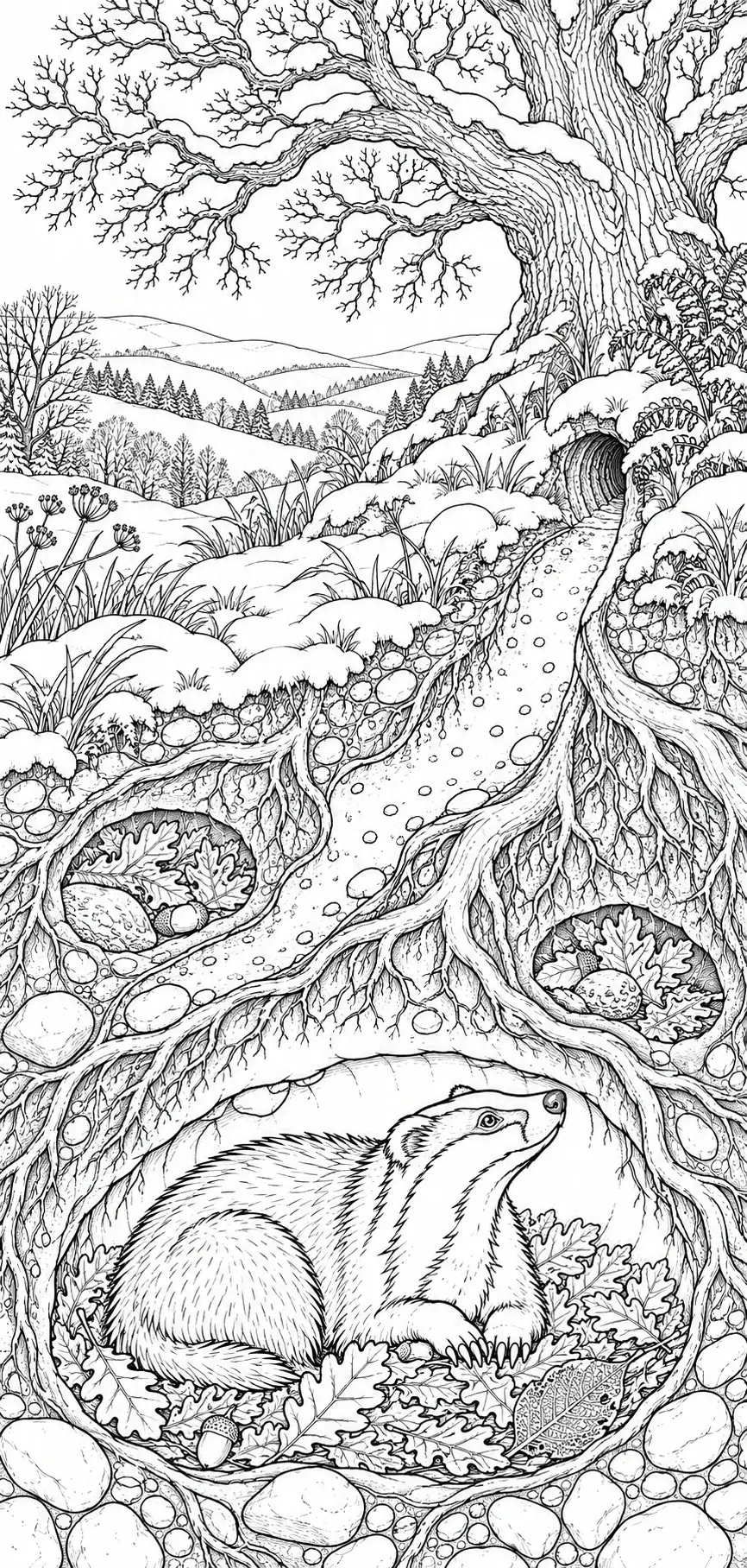 A detailed badger coloring page shows a striped badger beneath tangled tree roots, surrounded by stones and fallen leaves in a snowy woodland.