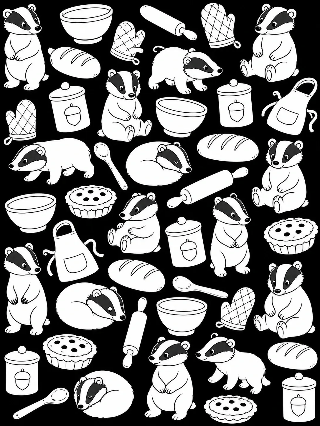 A black-and-white coloring page showing cute badgers with baking tools, bowls, bread, pies, and aprons.