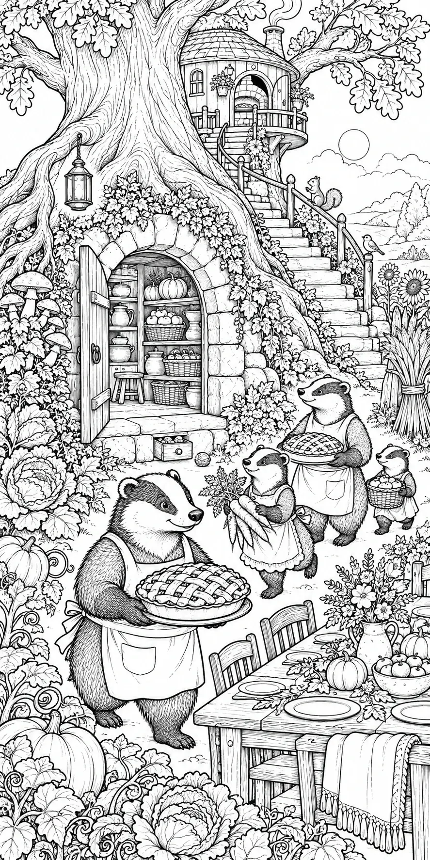 A detailed coloring page shows three apron-wearing badgers carrying pies and vegetables near a tree hollow pantry, pumpkins, and a harvest table.
