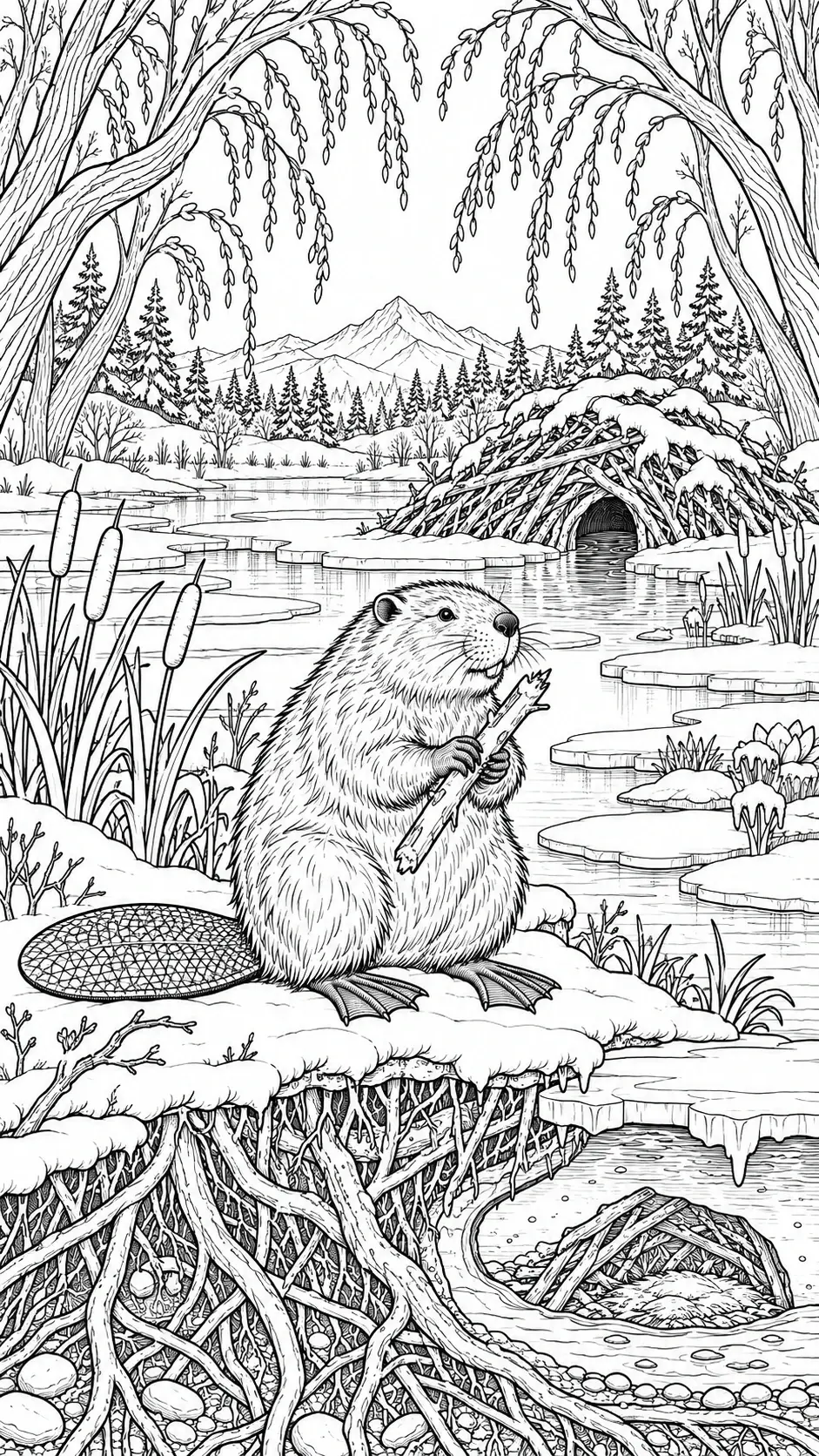 A beaver holds a branch beside a snowy pond with cattails, a lodge, and trees in this detailed coloring page.