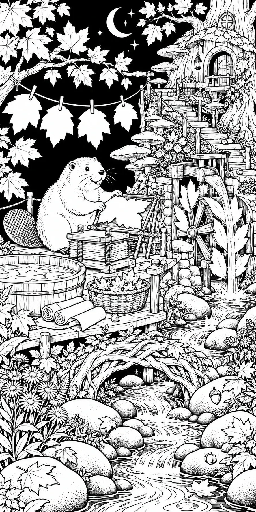 A beaver works at a small woodland mill beside a flowing stream, surrounded by mushrooms, flowers, rocks, and leaf-covered trees in this coloring page.