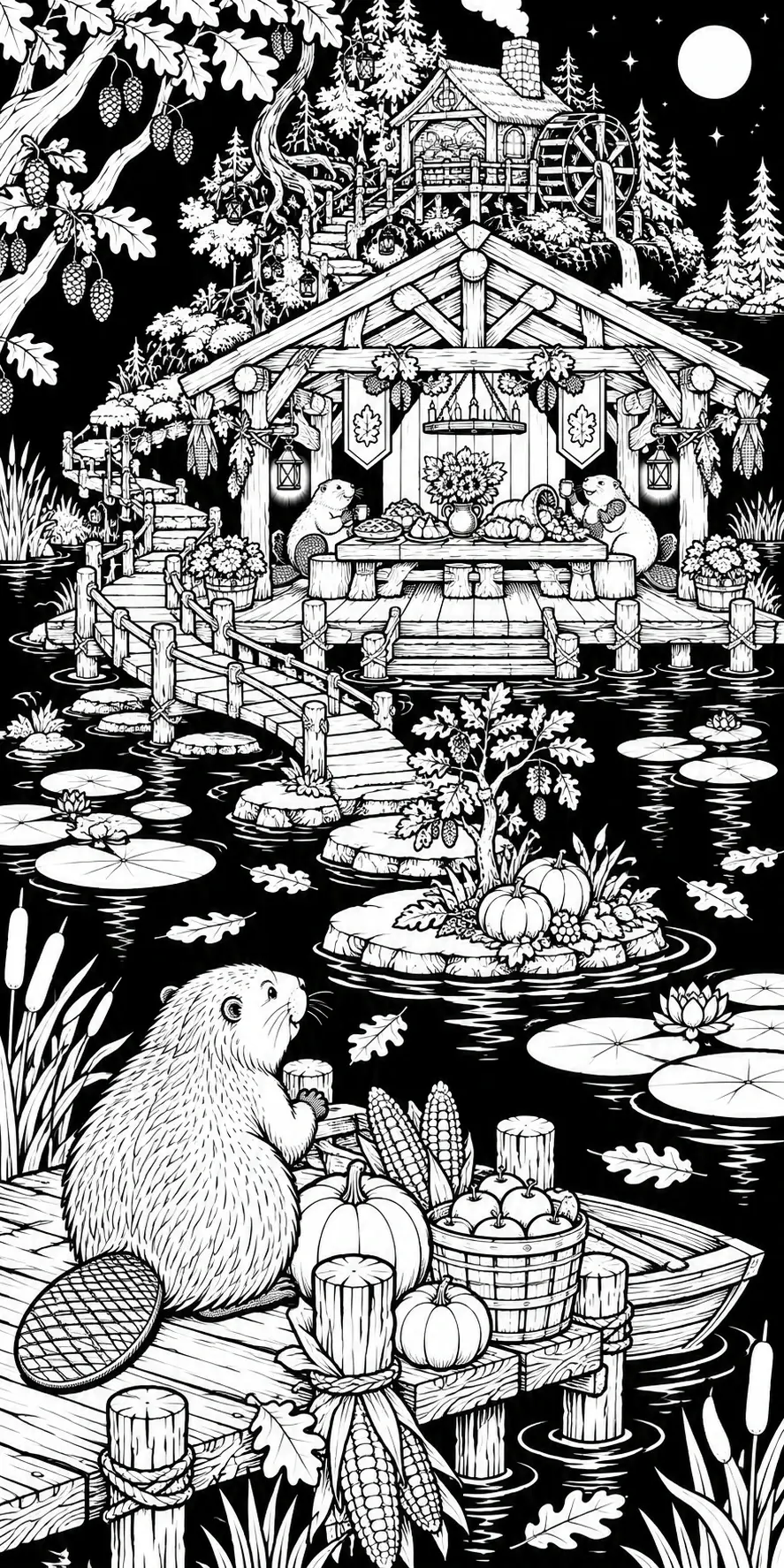 This black-and-white coloring page shows three beavers at a harvest table and in a wooden boat among pumpkins, corn, lily pads, and autumn leaves.