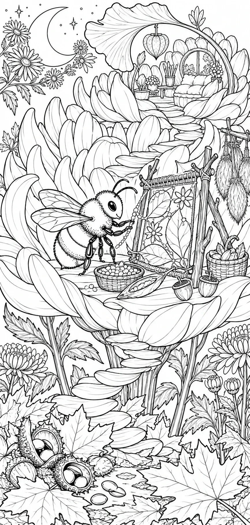 A detailed coloring page shows a smiling bee among giant flower petals, with a flower-shaped cottage, daisies, leaves, and a crescent moon.