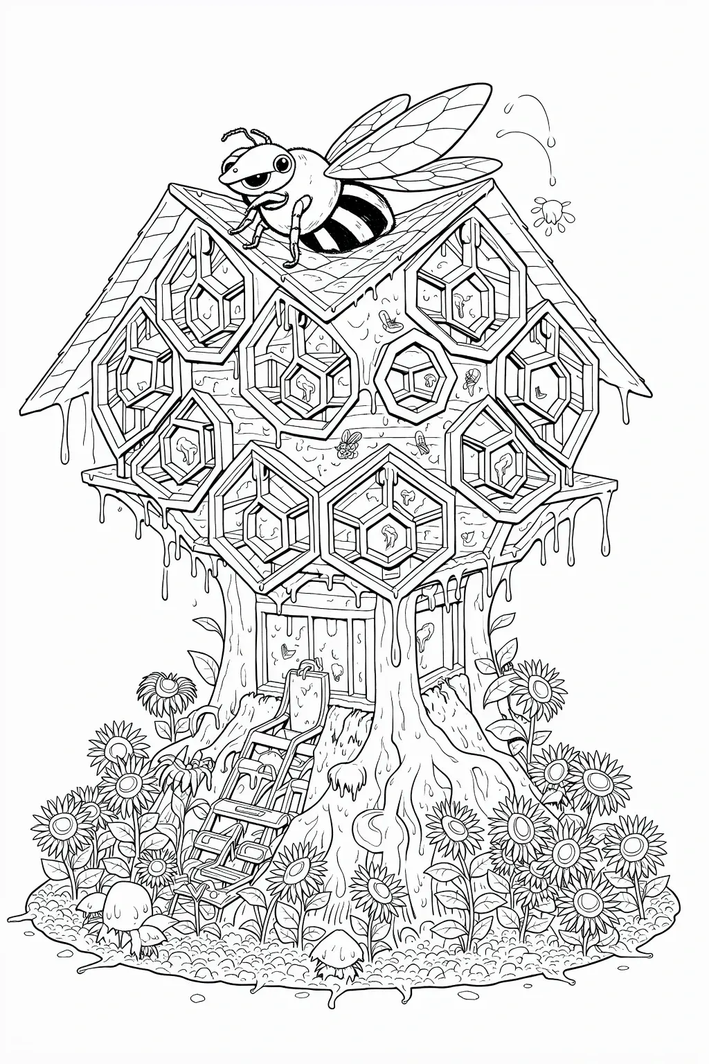 Black and white printable coloring page of a whimsical bee treehouse with honeycomb windows, flowers, and a smiling bee on top.