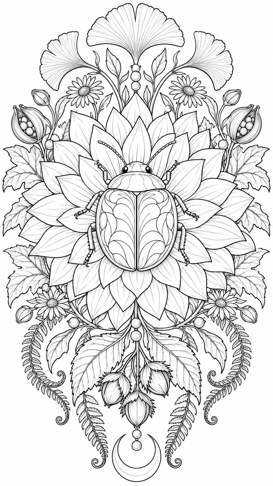 A large patterned beetle sits among layered flowers, leaves, berries, and a crescent in this detailed coloring page.