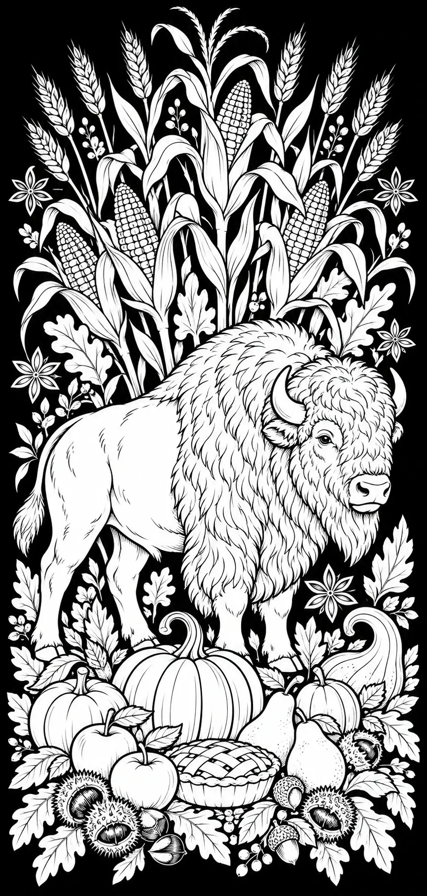 A black-and-white coloring page shows a shaggy bison among corn, wheat, pumpkins, apples, pears, fall leaves, and a pie.