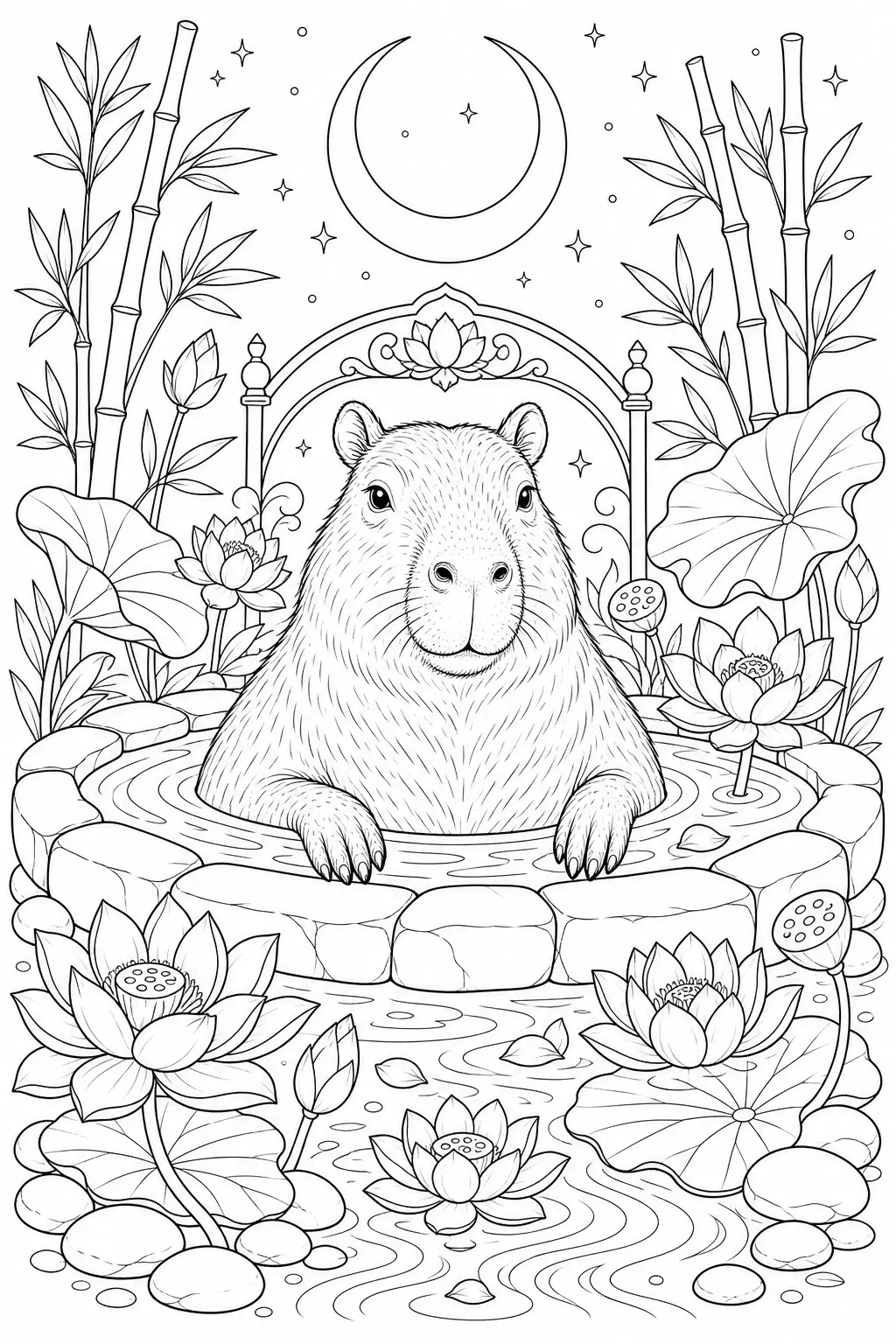 A capybara sits in a lotus pond coloring page with bamboo, flowers, stones, and a crescent moon overhead.