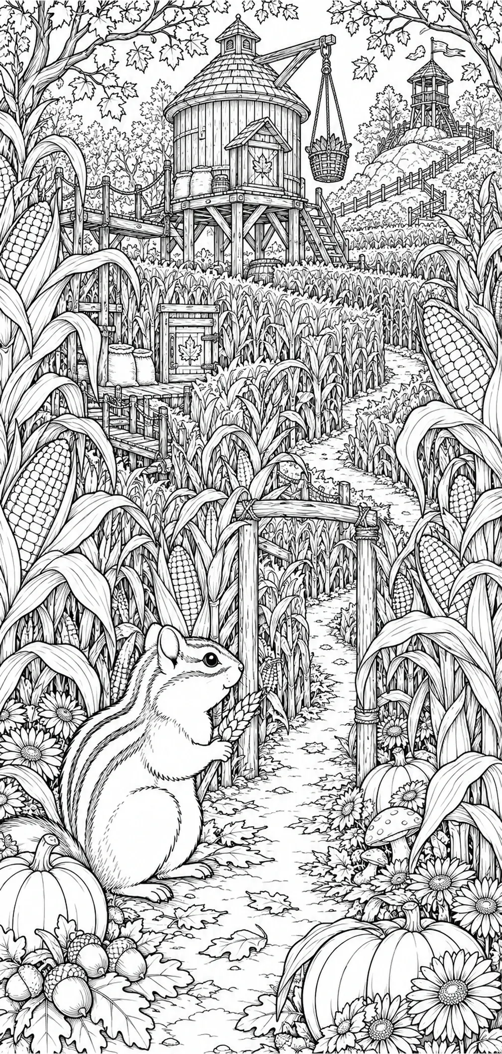 A black-and-white coloring page shows a chipmunk holding a wheat stalk in a cornfield with pumpkins, flowers, and a tall granary in the background.