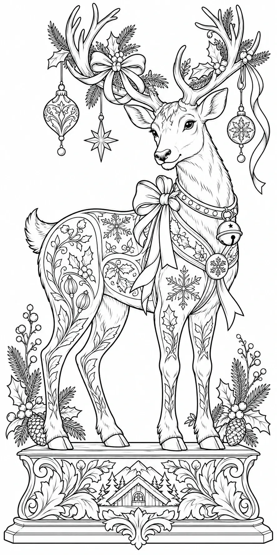 A detailed reindeer coloring page shows a patterned reindeer with ribbons on its antlers, Christmas ornaments, holly, snowflakes, and an ornate pedestal.