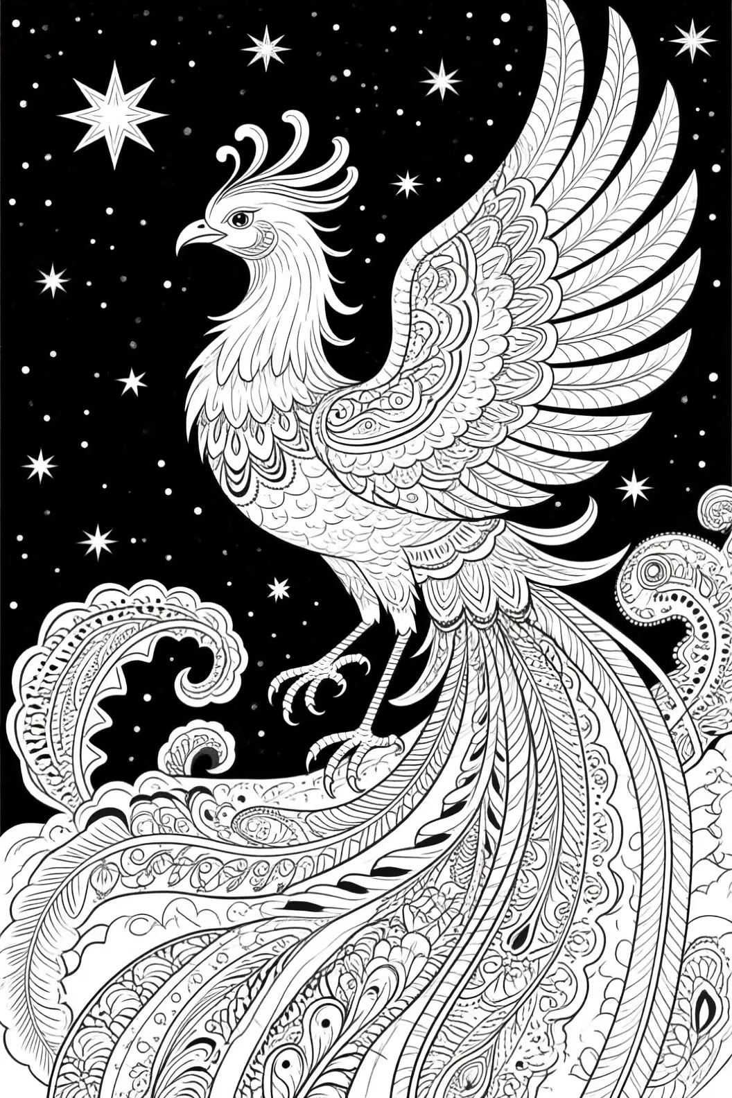 Intricate phoenix animal illustration with mandala-style feathers flying in a starry night sky; high-contrast black background. Designed as detailed coloring page for adults and kids' coloring page