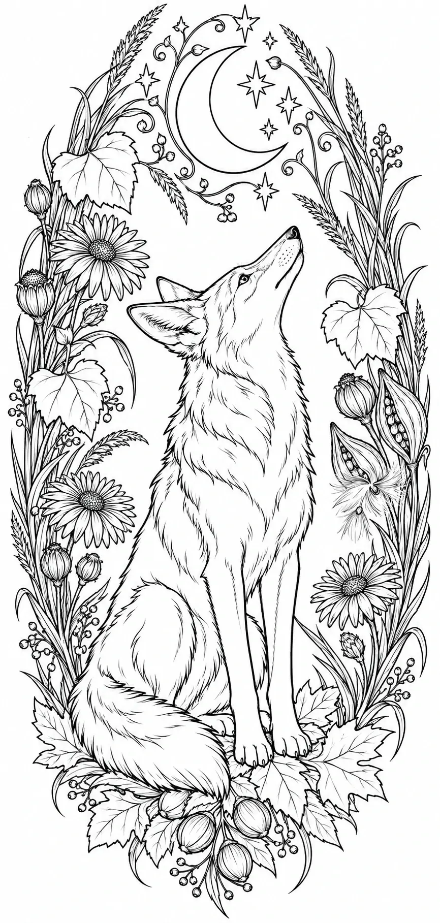 A detailed black-and-white coloring page shows a seated coyote looking up at a crescent moon, surrounded by flowers, leaves, grasses, and stars.