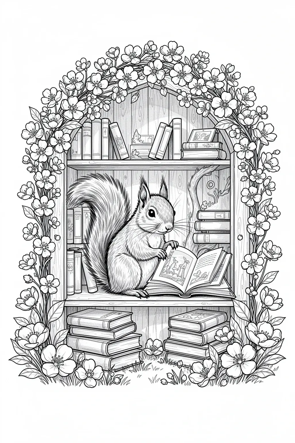 Cozy squirrel blossom library coloring page with books, flowers, and a peaceful storybook woodland feel.