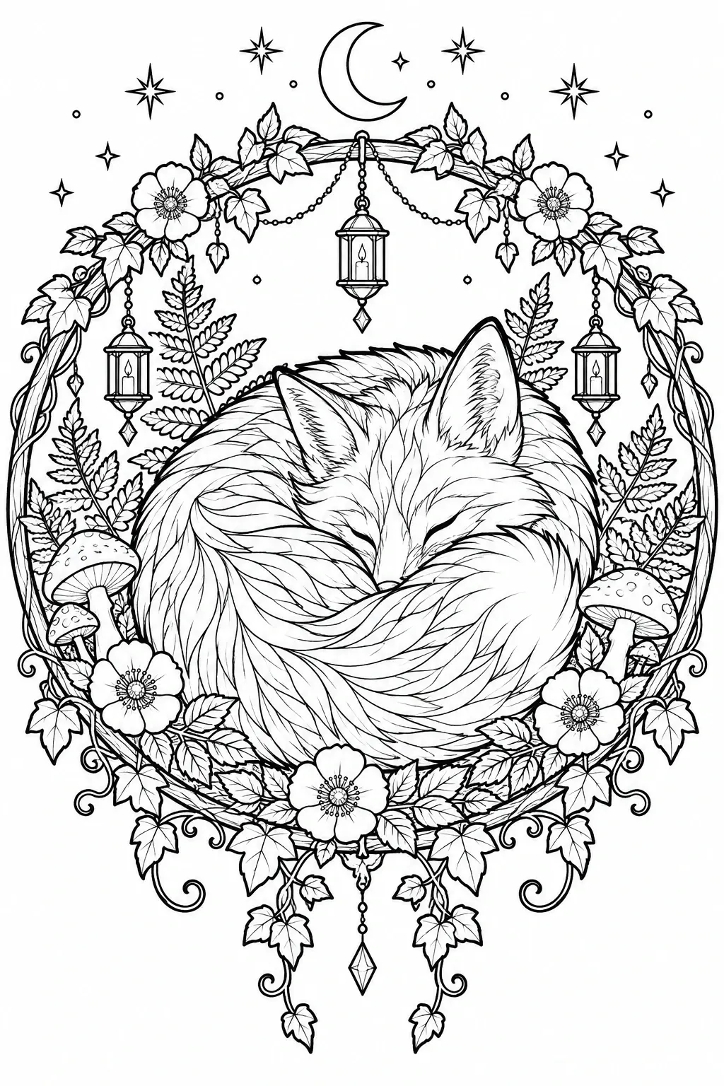 This detailed coloring page shows a curled-up fox framed by flowers, leafy vines, mushrooms, hanging lanterns, a crescent moon, and stars.
