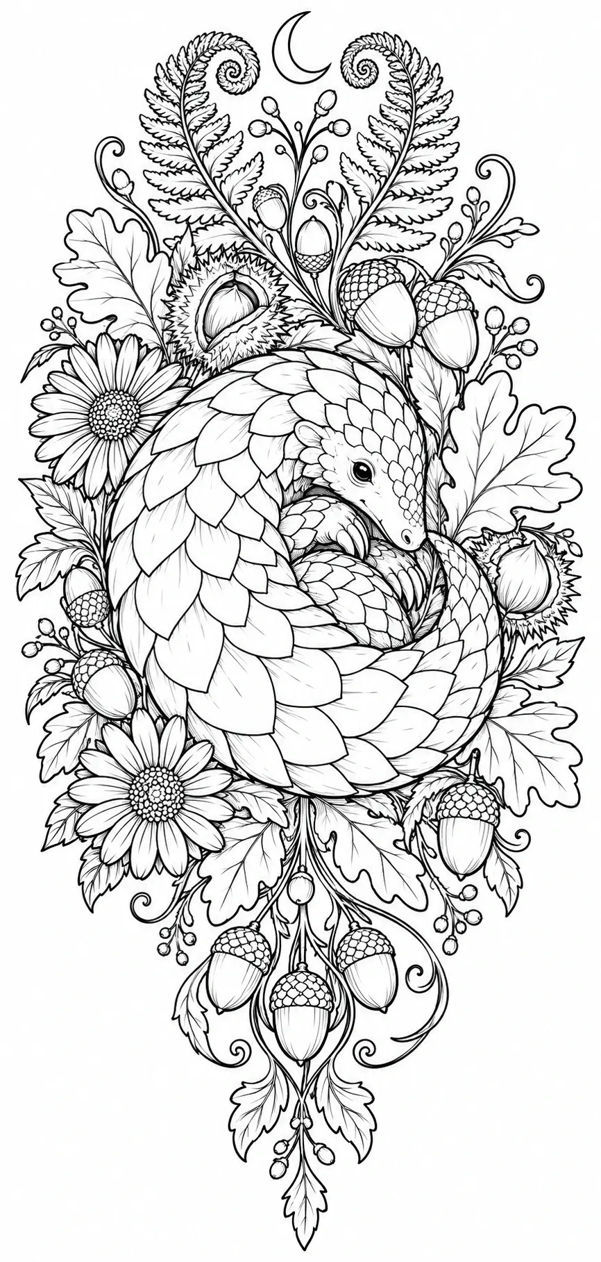 This detailed coloring page shows a curled, scaled pangolin among oak leaves, acorns, daisies, curling vines, and a crescent moon.