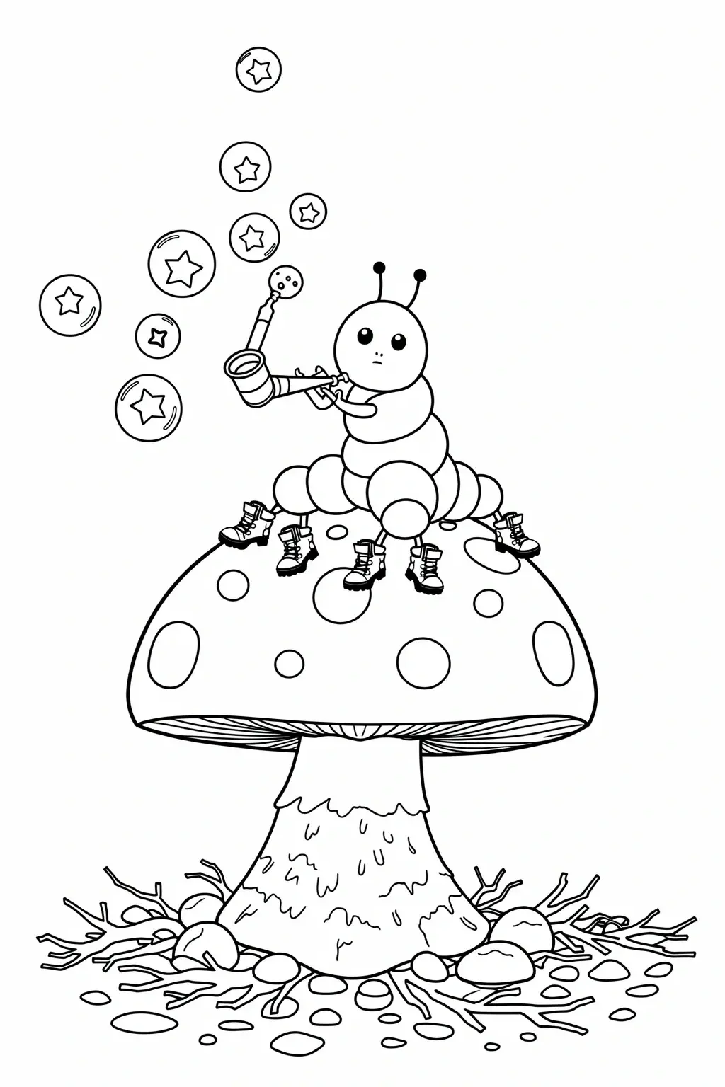 Black-and-white printable coloring page of a cute caterpillar sitting on a spotted mushroom and blowing star-shaped bubbles, with simple whimsical details for kids' coloring page, detailed coloring