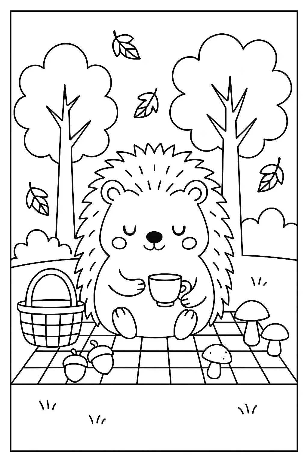 Black and white coloring page of cute hedgehog sitting in a forest picnic scene holding a cup, with trees, leaves, a basket, mushrooms, and acorns