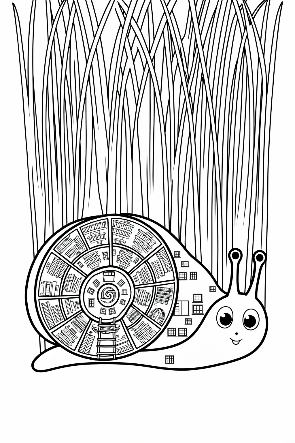 Cute black and white snail coloring page with a detailed spiral shell, tall grass background, and a friendly face, ideal for detailed coloring page and kids' coloring page.