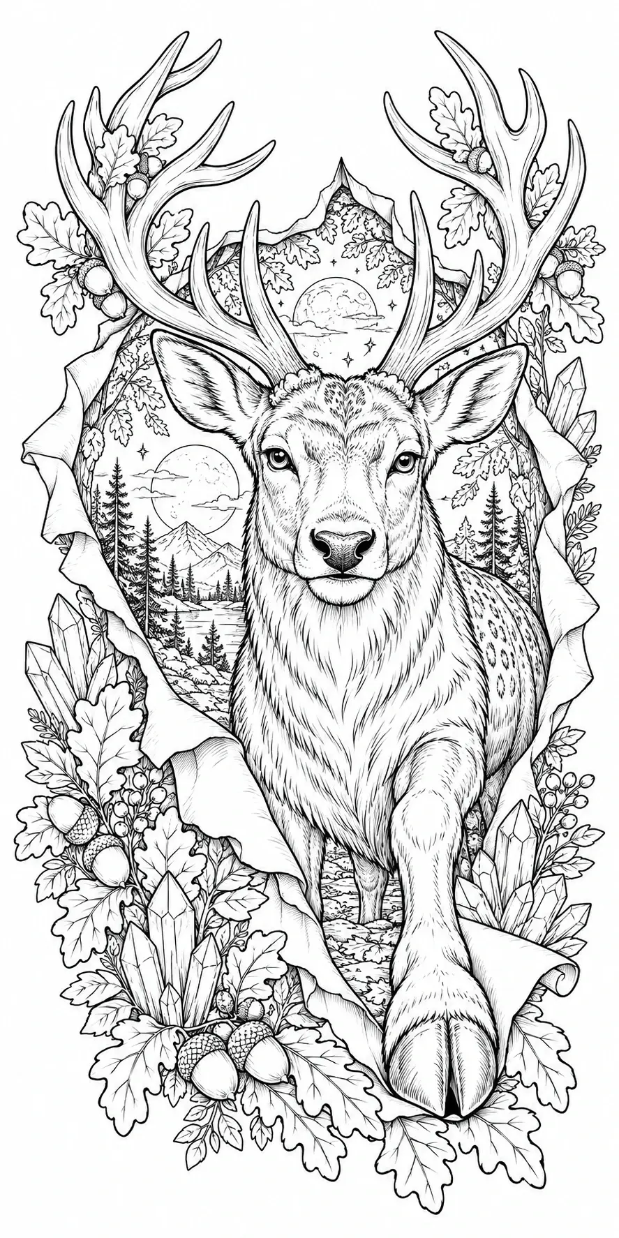 A black-and-white coloring page of a deer with large antlers framed by oak leaves, acorns, crystals, and mountain scenery.