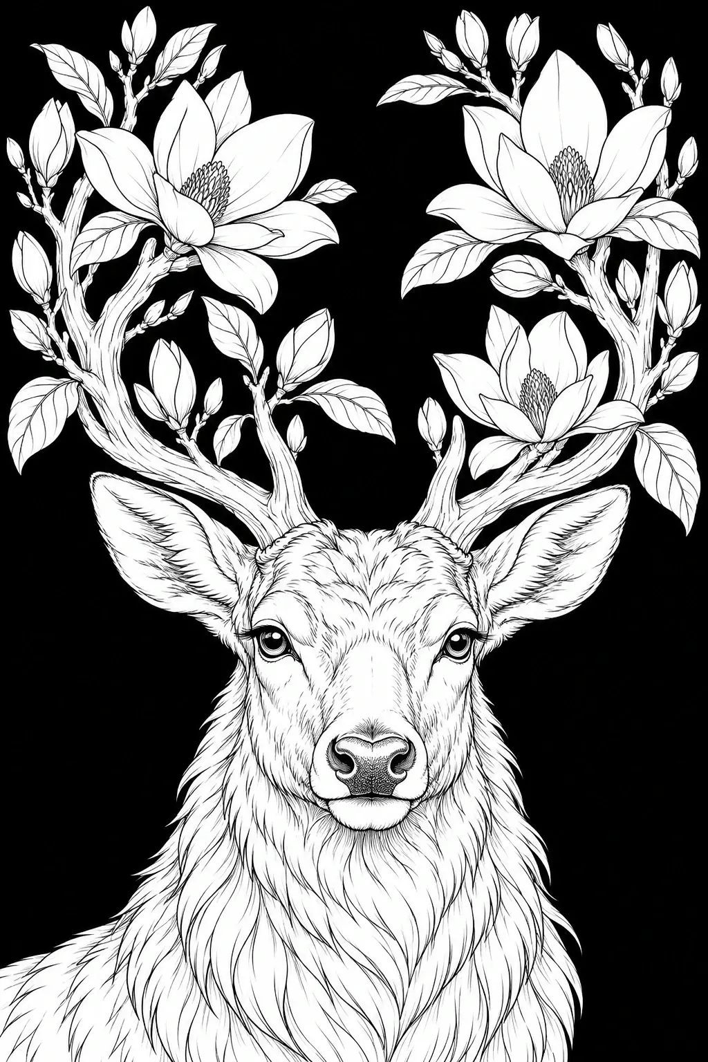 A detailed black-and-white coloring page shows a front-facing deer with branching antlers, magnolia blossoms, leaves, and buds.