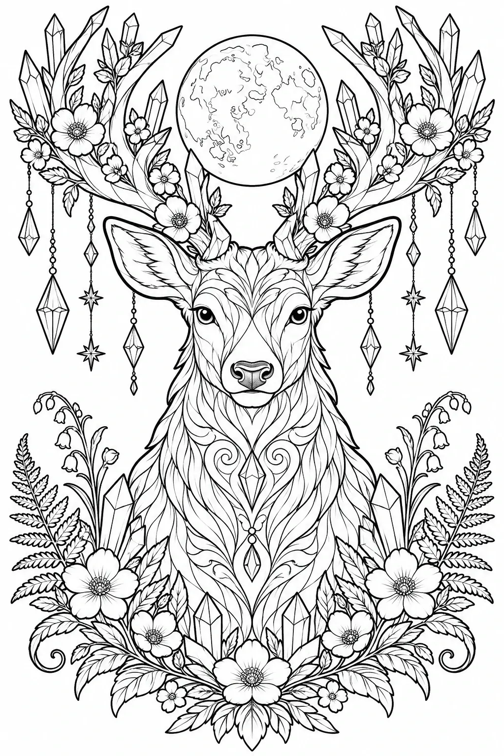 A detailed deer coloring page shows one deer framed by flowers, leafy branches, hanging crystals, and a full moon.