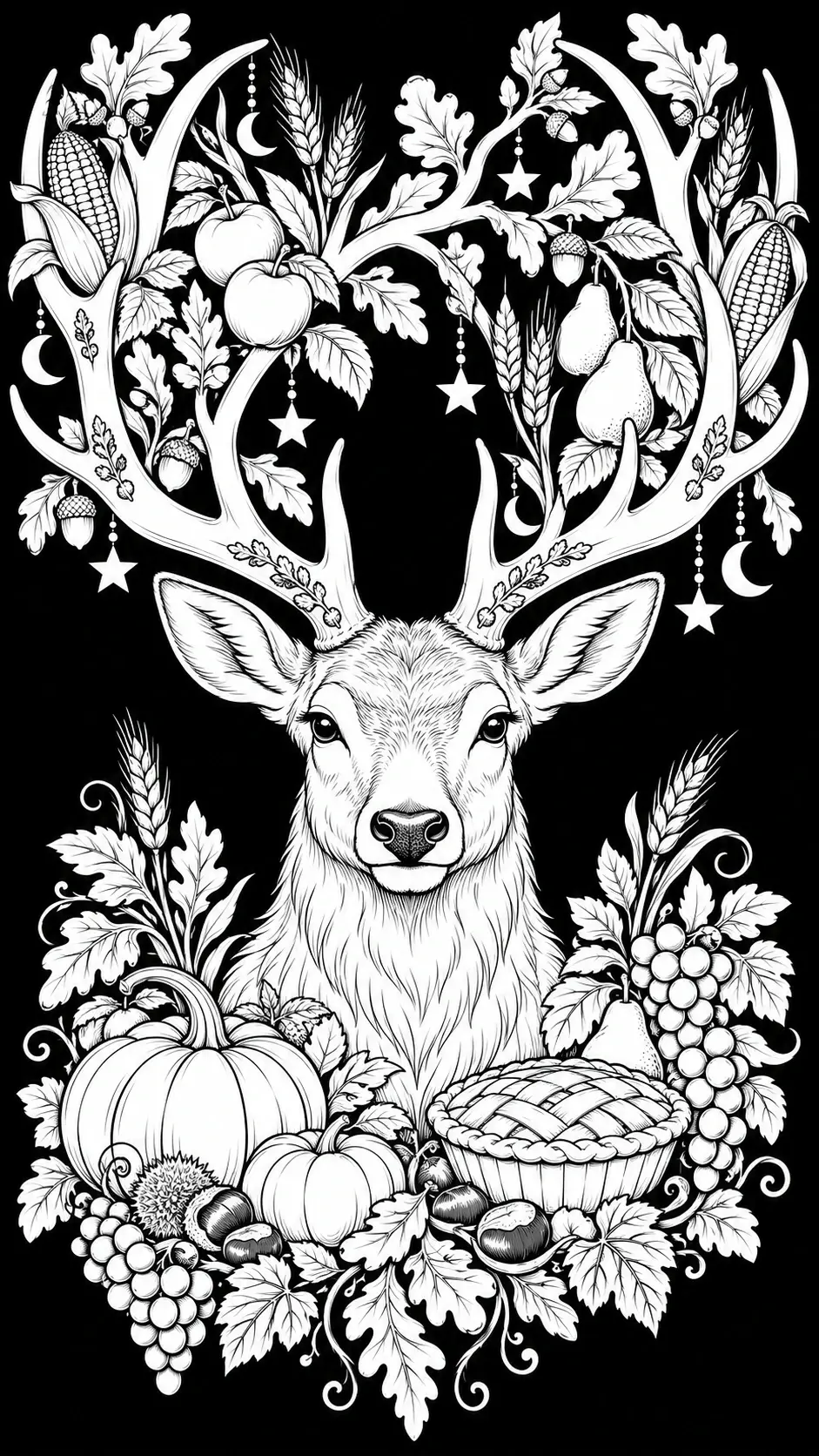 A detailed deer coloring page shows a centered deer beneath branching antlers decorated with leaves, corn, fruit, wheat, stars, and crescent moons, with pumpkins and a pie below.