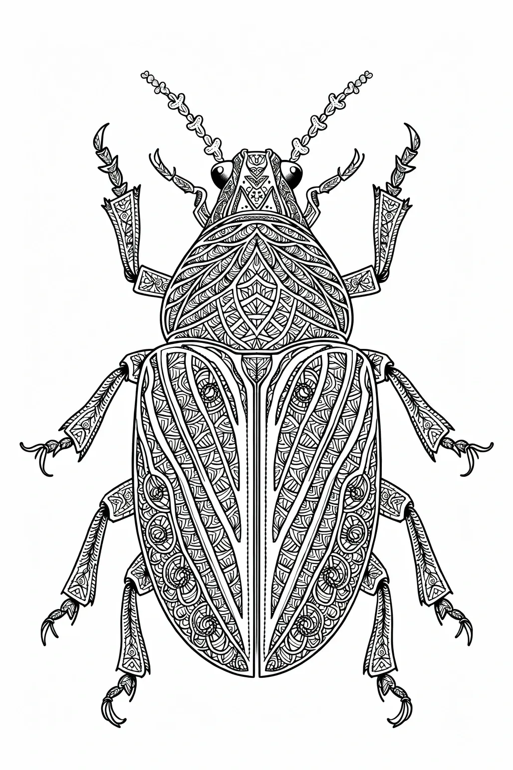 Intricate symmetrical beetle coloring page with decorative patterned wings and legs