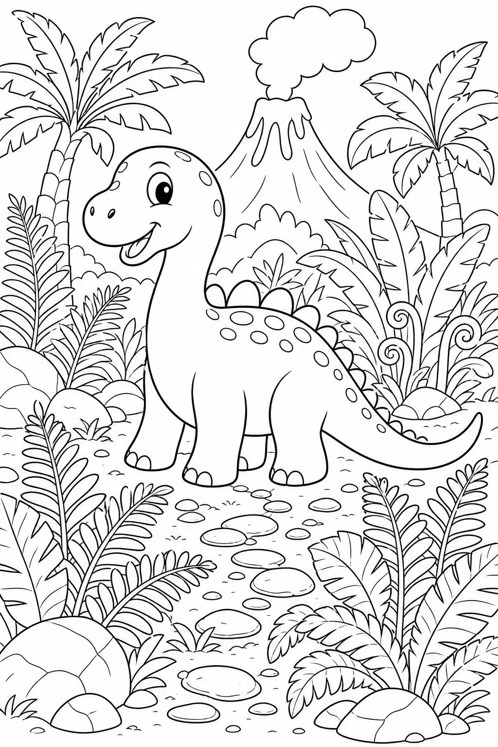Black and white coloring page of smiling cartoon dinosaur standing in a jungle with tropical plants and a volcano in the background