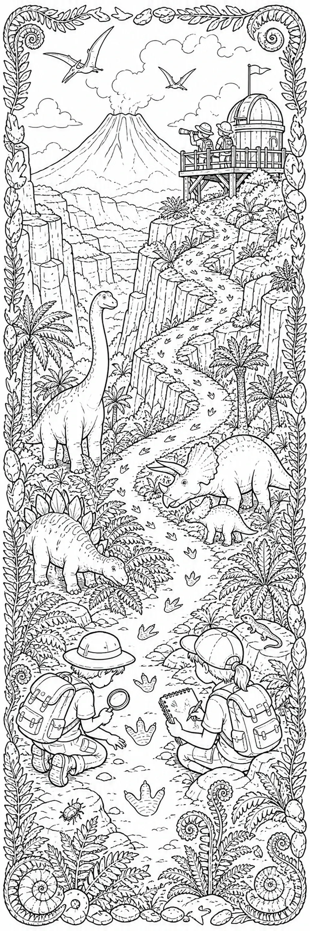 A black-and-white coloring page shows dinosaurs, explorers with backpacks, a volcano, cliffs, and a winding jungle path.