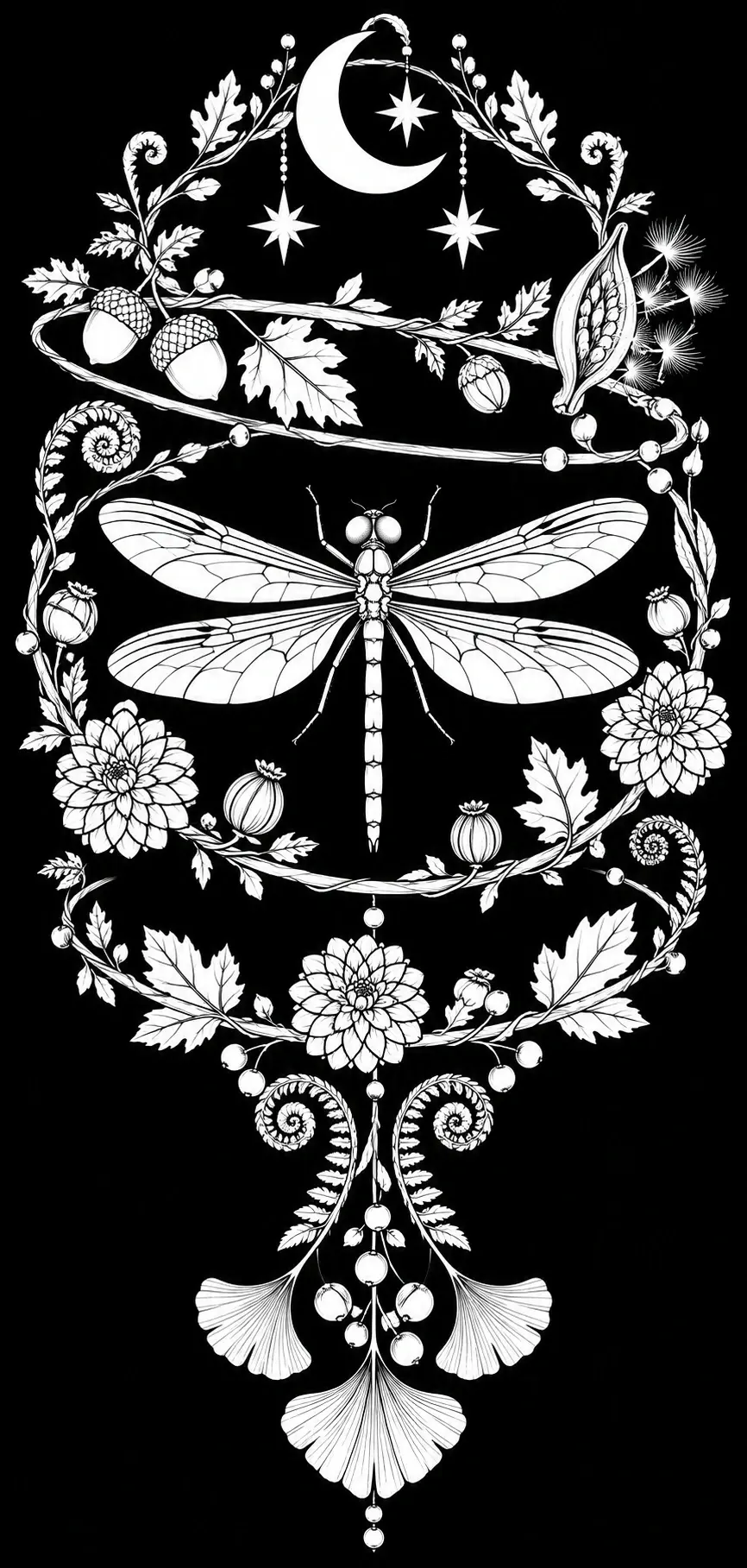 A detailed dragonfly coloring page shows one large dragonfly surrounded by flowers, leafy vines, a crescent moon, and hanging stars.