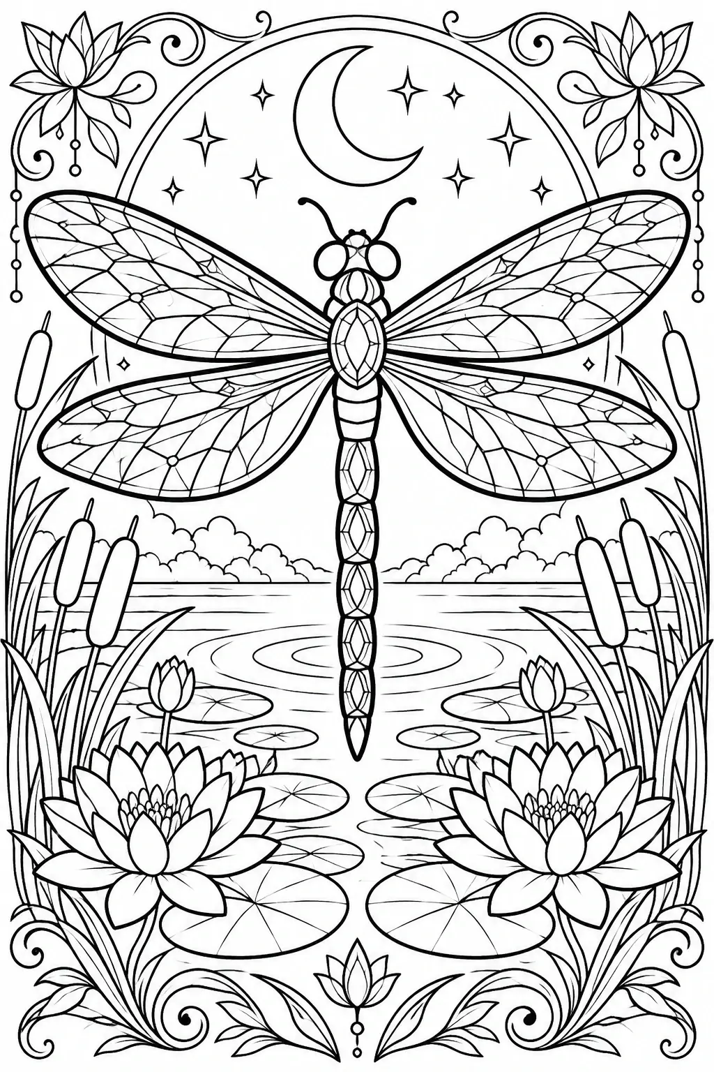 This black-and-white coloring page shows a dragonfly with patterned wings above a pond with lily pads, lotus flowers, reeds, a crescent moon, and stars.