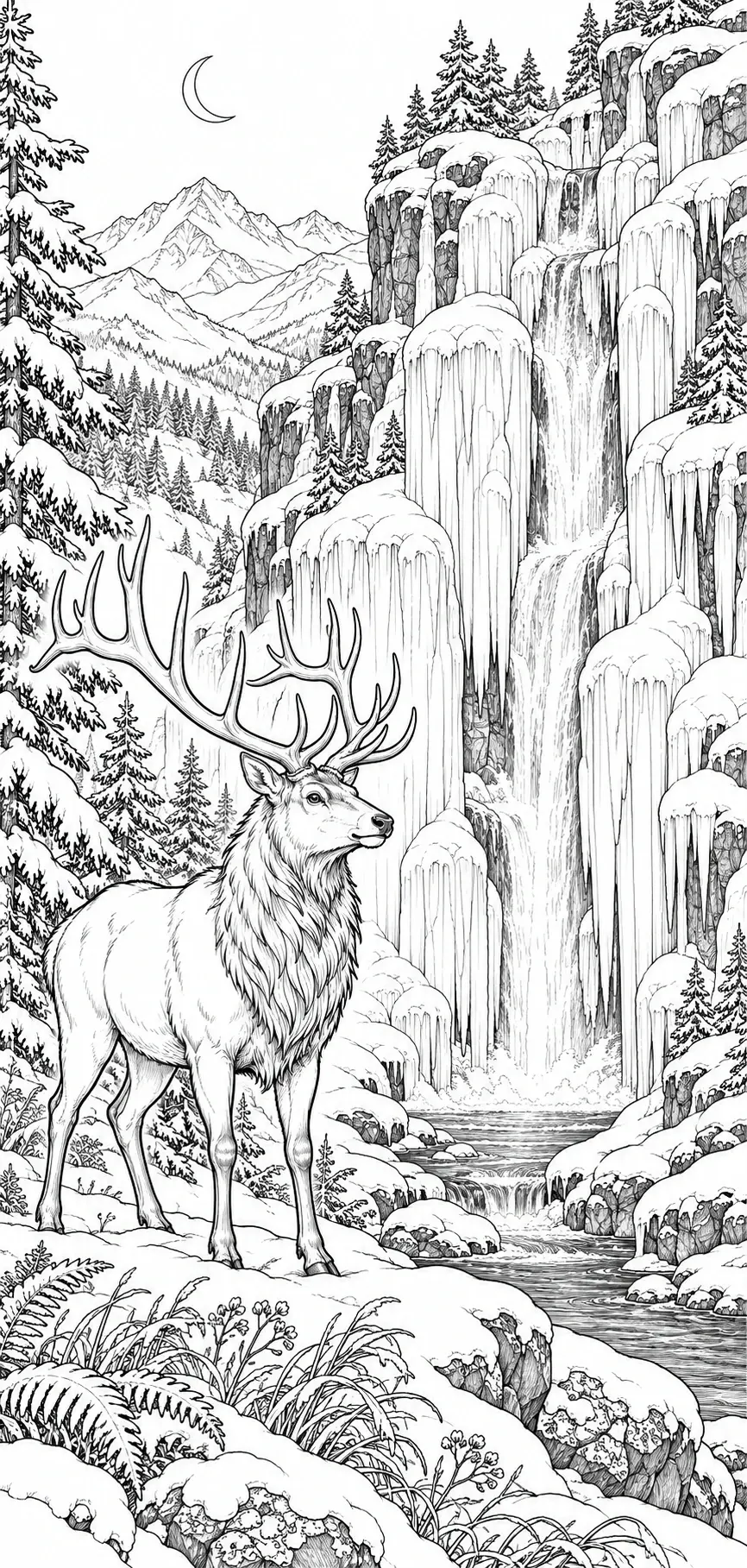 A black-and-white coloring page shows a single antlered elk beside a stream, surrounded by snowy evergreens, mountains, frozen waterfalls, and a crescent moon.