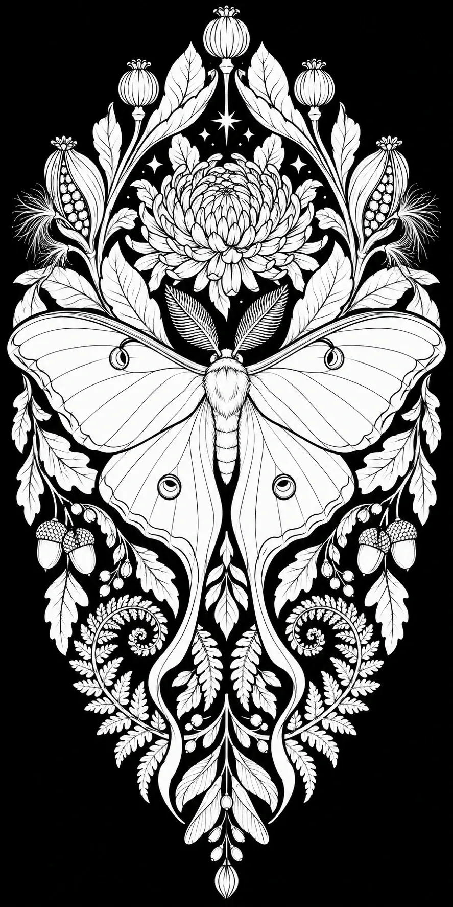A large moth with eye-spotted wings sits among symmetrical flowers, leafy vines, acorns, and decorative seed pods in this coloring page.